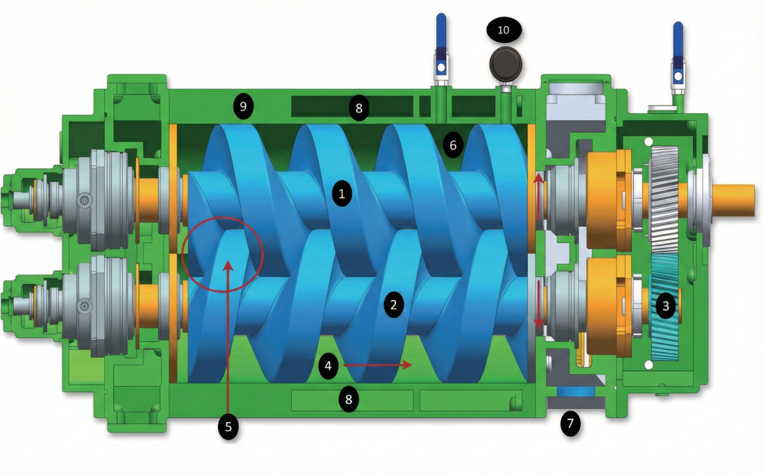 Simplified diagram of an equidistant screw vacuum pump